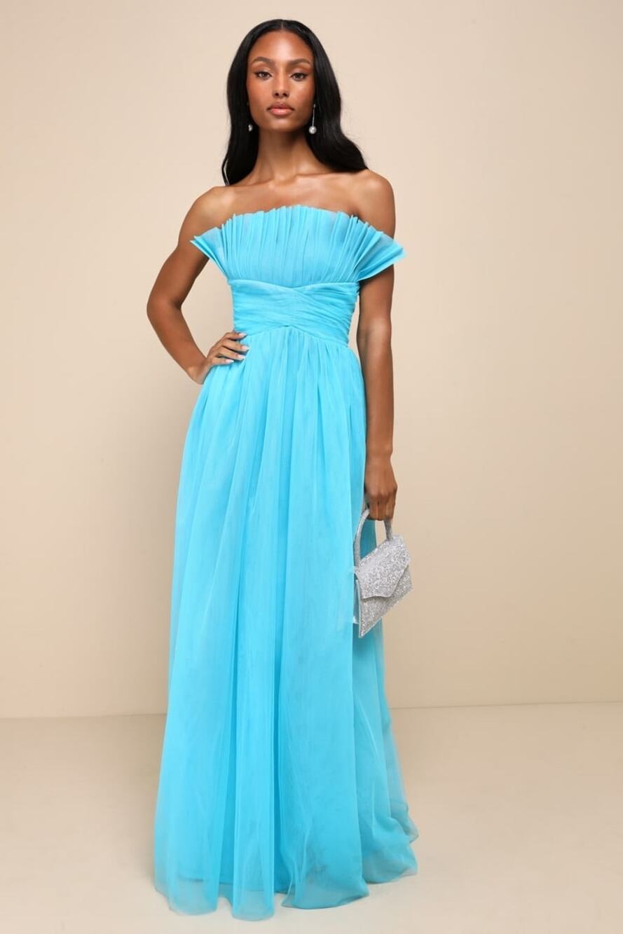 NWOT Lulus Undeniably Iconic Teal Blue Tulle Pleated Strapless Maxi Dress Sz XS